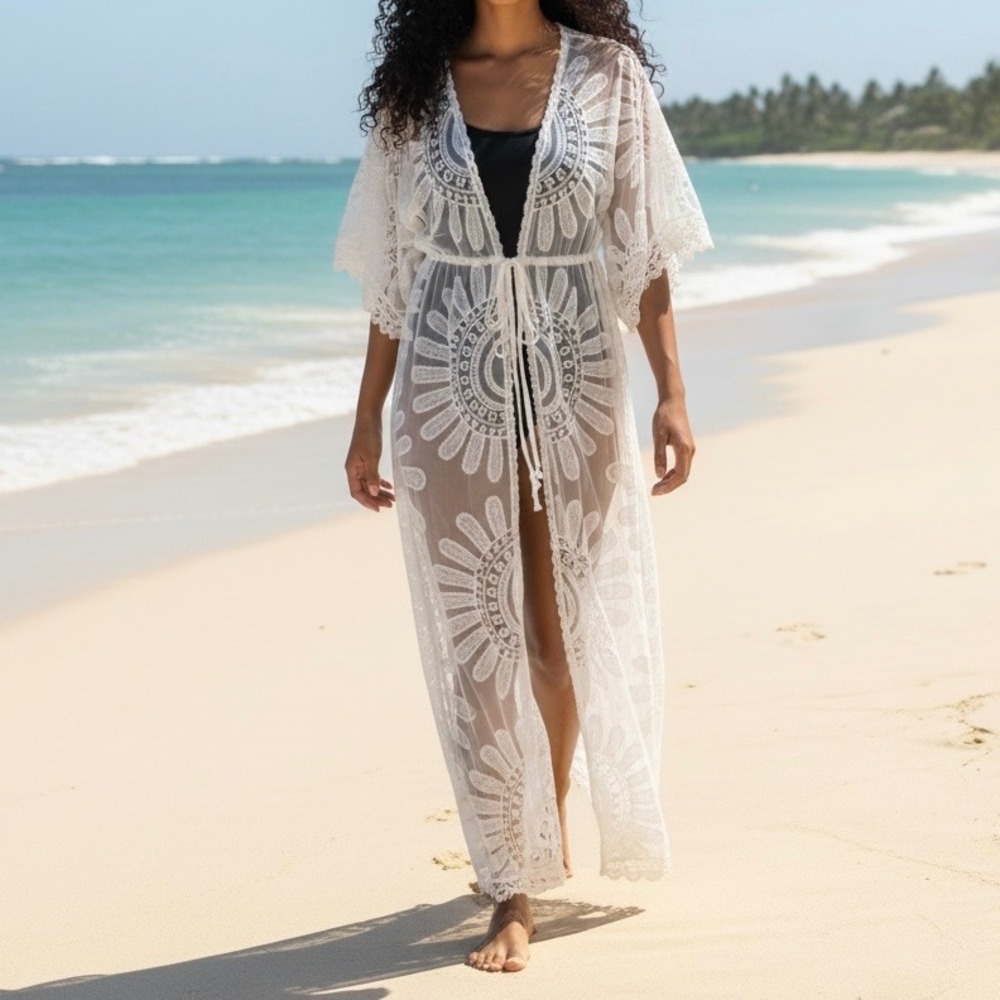 Womens White Lace Floral Sheer Maxi Kimono Beach Cover Up Tassel Tie Boho Summer